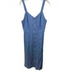 Japana Blue Lyocell Denim Midi Dress with Button Front and Smocked Bodice, Large